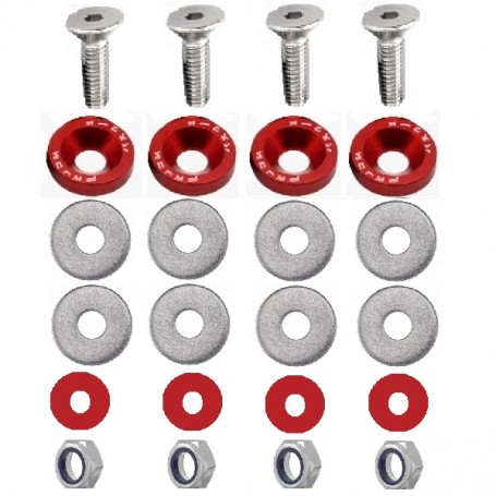 KIT BOULONS ECROUS CONIQUES RONDELLES CUVETTES CNC ROUGES POUR JANTES FLASQUES DAX CHALY SKYTEAM 6MM